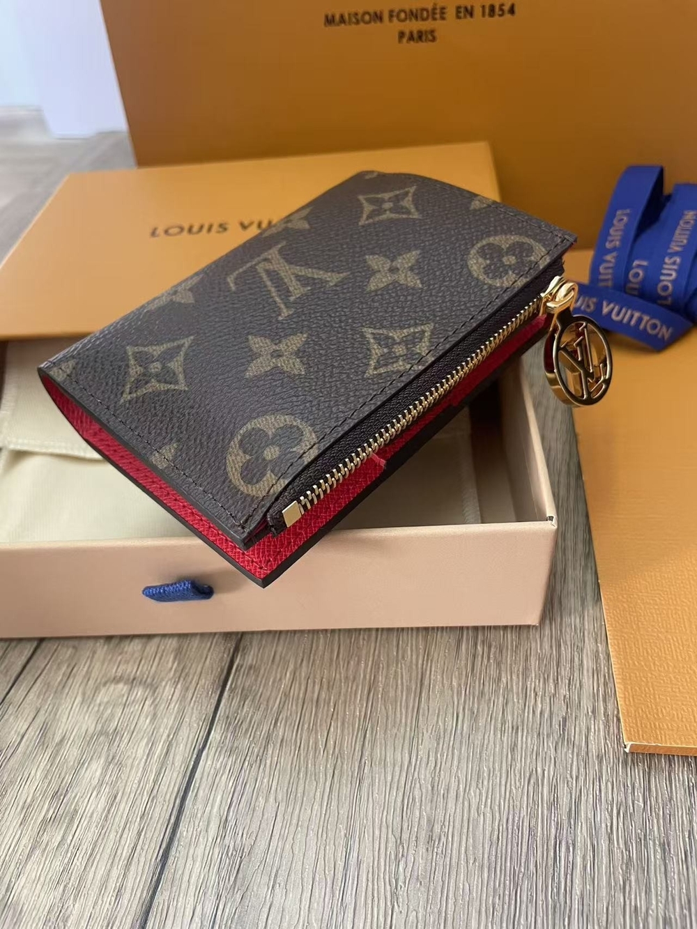 Louis Vuitton Monogram Zipped Card Holder with Red Trim and Gold Hardware
